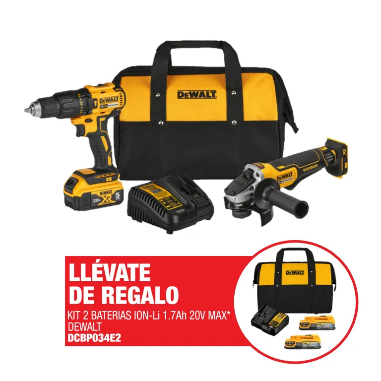 Combo DeWalt: taladro percutor + esmeril + 3 baterías + cargador a S/ 1,199.90 (antes S/ 2,149.90) en Sodimac